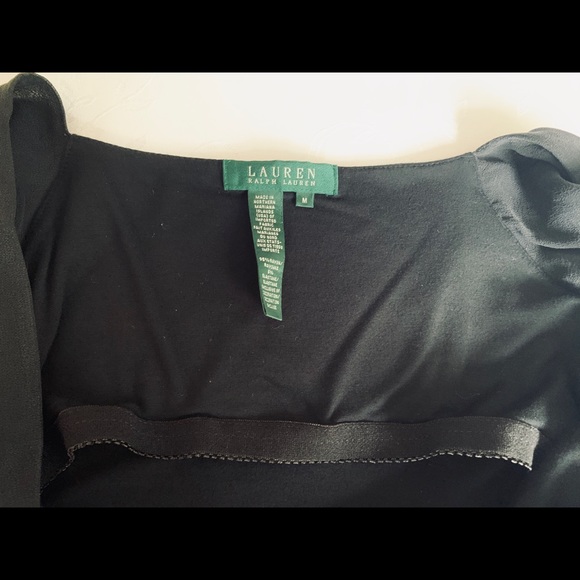 Lauren Raplh Lauren black Rayon blouse top W Black Sheer Flare Cap Sleeves US M - Picture 6 of 6
